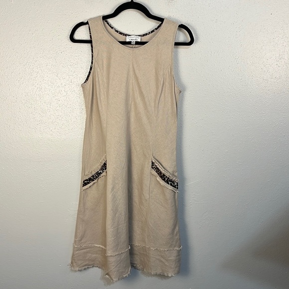Signature by Robbie Bee size 8 petite linen blend dress cheetah trim - Picture 1 of 8